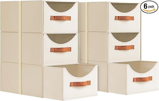 Stackable Storage Drawers - Collapsible Storage Bins with Drawers, 6 Pack Closet Shelf Organizer Basket, Fabric Pull Out Organizer for Bedroom, Living Room, Dorm, Beige by Homsorout