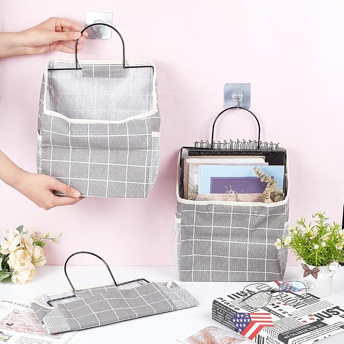 WADORN 6 Sets Wall Hanging Storage Bag, Multifunctional Door Closet Hanging Storage Basket with 6 Sticky Hooks Dorm Room Bedside Caddy Organizer for Bedroom Kitchen Bathroom, Grey - Image 3