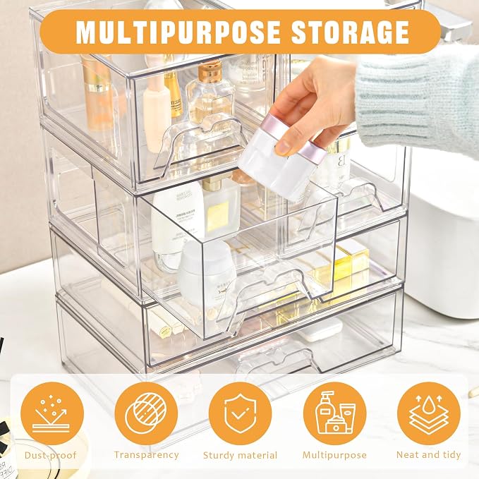 4 Pack Stackable Storage Drawers, Clear Acrylic Organizer, Makeup Organizer | with Pull-out Drawer,Pantry Organization for Beauty Supplies,Ideal for Vanity, Bathroom,Cabinet - Image 3