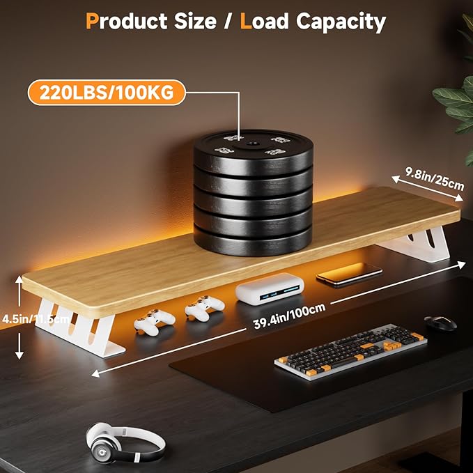 Dual Monitor Stand Riser, 39 Inch Large Wood Monitor Stands for 2 Monitors | Desk Monitor Riser for Computer/Laptop/Printer/TV, Stand Riser up to 220 lbs, Oak - Image 3