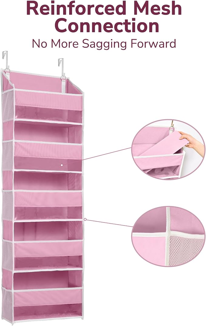 ULG 1 Pack Over Door Organizer with 5 Large Pockets 10 Mesh Side Pockets, 44 lbs Weight Capacity Hanging Storage Organizer with Clear Window Kids Toys, Shoes, Diapers, Pink - Image 5