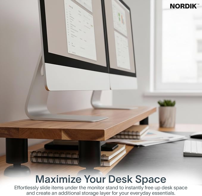 Nordik Dual Monitor Stand Riser -Hardwood Acacia Monitor Shelf (42x10.5 in) | Premium Handmade Acacia Wood Monitor Stand - Easy to Assemble Monitor Riser - Double Monitor Riser with Storage Organizer - Image 5