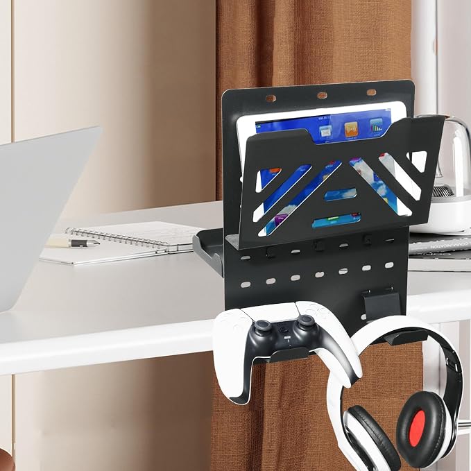 MAXECHO Desk Side Storage Holder, Metal Pegboard, Above or Under Desk Laptop Mount, Table Side Hanging File Organizer, Clamp On Cable Management Tray, Peg Board for Gaming, Office - Image 6