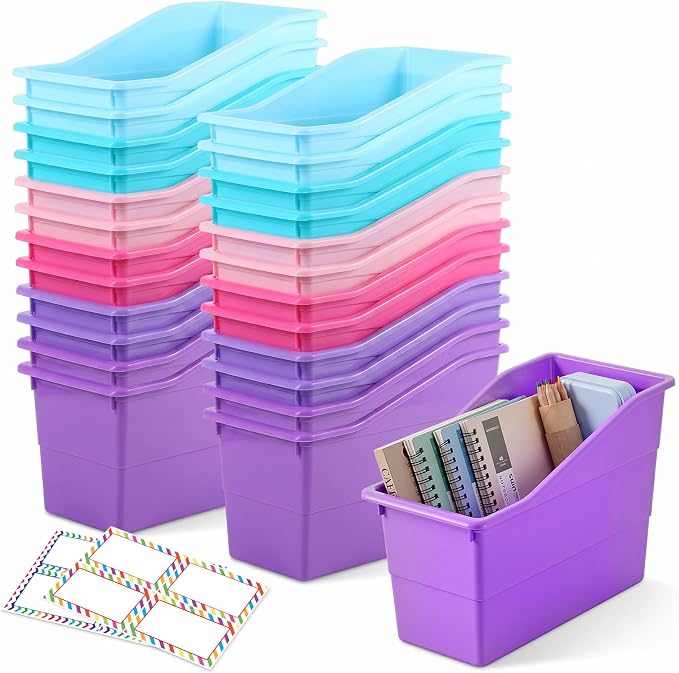 Blosssound 24 Set Book Bins for Classroom with Label Sticker Book Box Baskets Plastic Stackable Organizing Bins Storage & Organization for Classroom Library Home School Supplies (Purple Pastel) by Blosssound