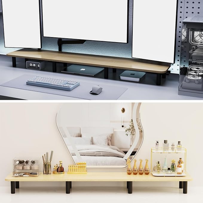 Large Extra Long Monitor Stand Riser 43.7in,Dual Monitor Riser, Wide TV Stand for 2 Monitors, Wood & Steel Leg Adjustable Height Desktop Riser, Home Office Organization. (Natural) - Image 7