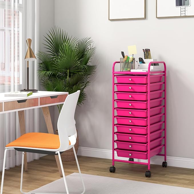 Giantex 10-Drawer Storage Cart w/Universal Wheel, Rolling Cart w/Handle, Home Organizer Storage Unit w/Removable Drawers, Trolley Utility Cart for Kitchen Makeup Living Room Office Play Room, Hot Pink - Image 2