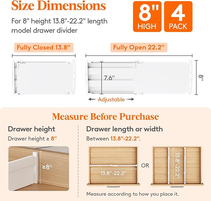 Lifewit 8" Tall Drawer Dividers, Adjustable Deep Drawer Organizer Clothes | 4 Pack 13.8"-22.2" Expandable White Plastic Separators for Dresser, Kitchen, Cabinet, Closet, Office Organization & Storage - Image 3