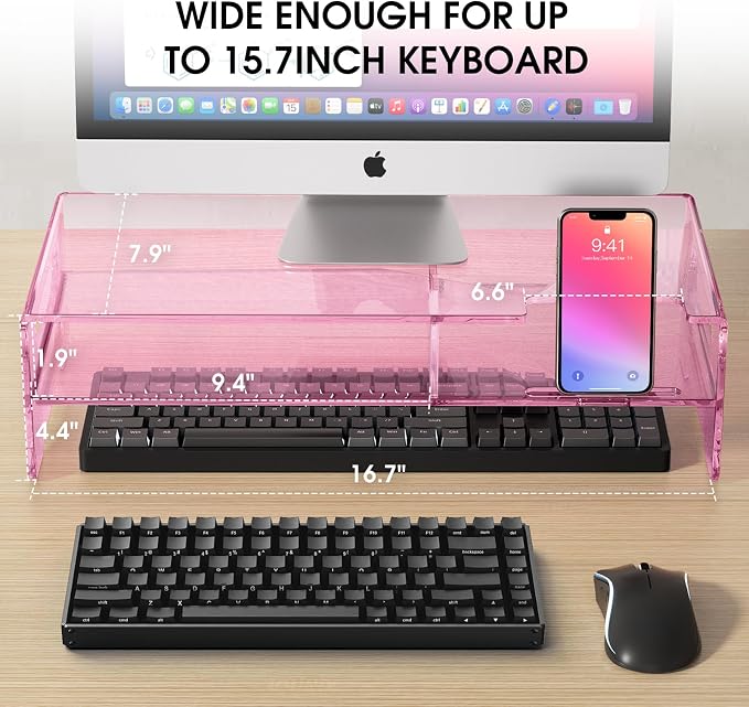 Pink Acrylic Monitor Riser, 2-Tier Desk Computer Stand With Storage & Phone Holder | Clear Computer Monitor Stand for Desk,Handheld Function Easy Mobility,16 in Wide for Laptop, Printer,Screen,Desktop Organizer - Image 2