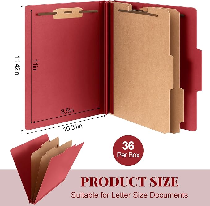 Skyygemm 36 Pcs Classification Folders Letter Size, 2 Divider Pressboard File Folders with 3. 5 Inch Expansion, 2 Prongs Fastener, Heavy Duty Office File Organizers for Teachers, Medical (Dark Red) - Image 2
