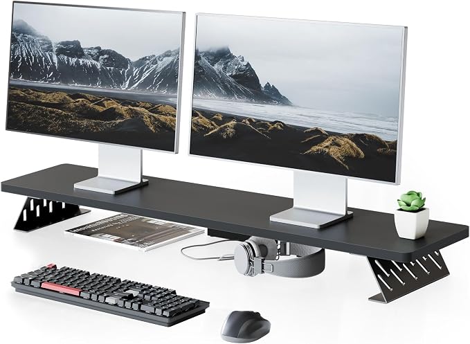 Fenge Monitor Stand Riser, Wooden & Metal Desk Shelf Organizer, Black | 42.5 Inch Dual Monitor Riser for 2 Monitors, Multifunctional Monitor Shelf for Laptop, PC, Printer by Fenge