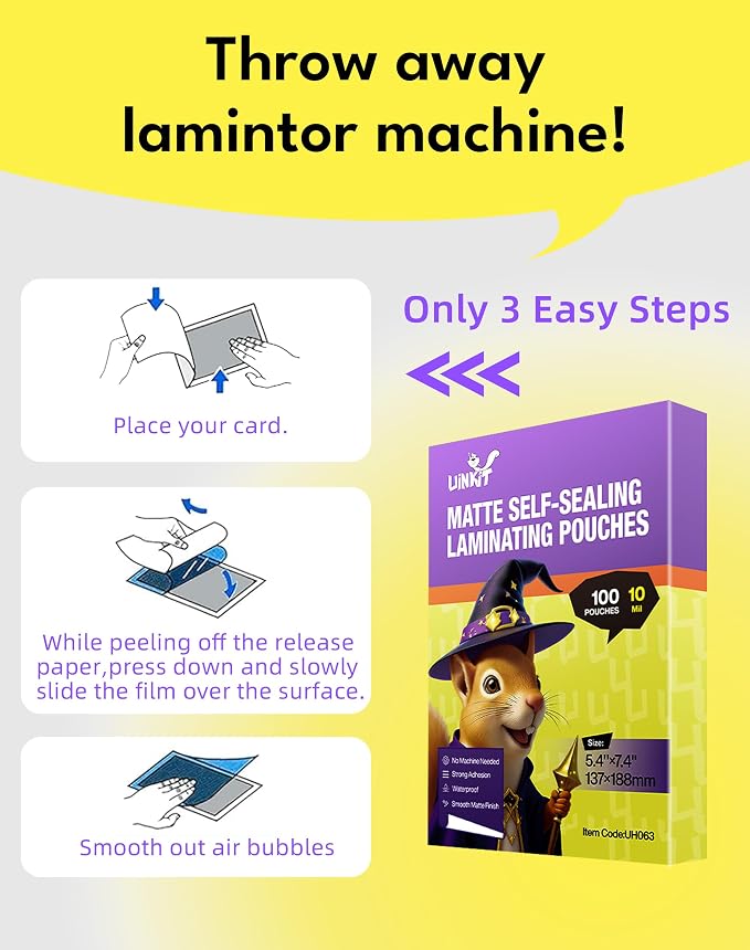 Uinkit 10Mil Matte Self Seal Laminating Pouches, 60Pack 5x7 Thick Double-Sided for Certificates, Art Prints, Diplomas, Premium No-Glare Display Protection- No Machine - Image 6