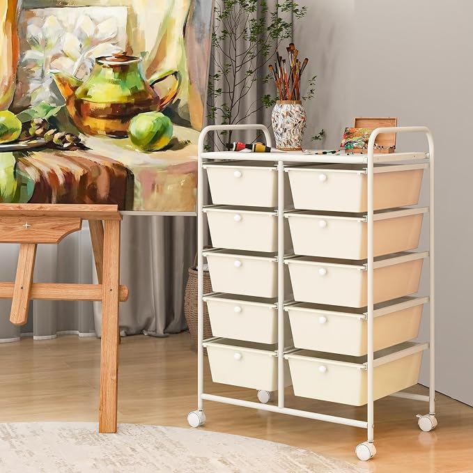 Moccha Rolling Cart with 10 Drawers - Storage Drawers Organizer with wheels for Craft Art Supply Paper Salon, Multipurpose Movable Utility Cart for Teacher Classroom, White - Image 9