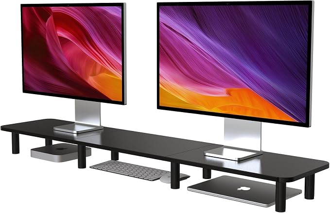 43.7" Extra Long Dual Monitor Stand Riser, Wood & Steel Monitor Stand for 2 Monitors, Wide TV Stand, Desktop Riser for Desk Organization, Home Office，Laptop,Printer,TV (Black) by WEGASTU