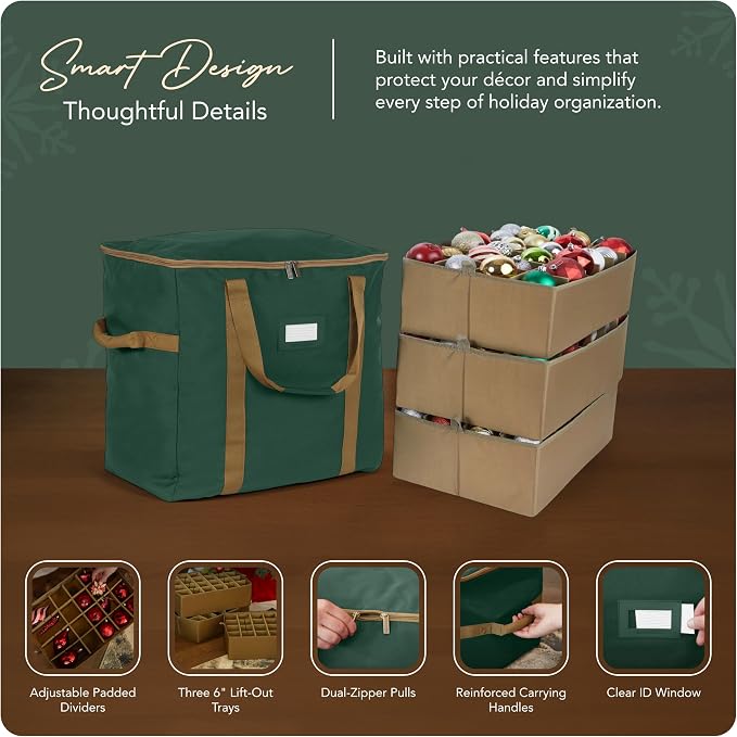 Covermates Keepsakes Adjustable Ornament Storage Bag – Heavy-Duty Polyester, Padded Dividers & FlexGrid Trays – Protective Holiday Ornament Organizer with Handles & Label Window, Green - Image 4