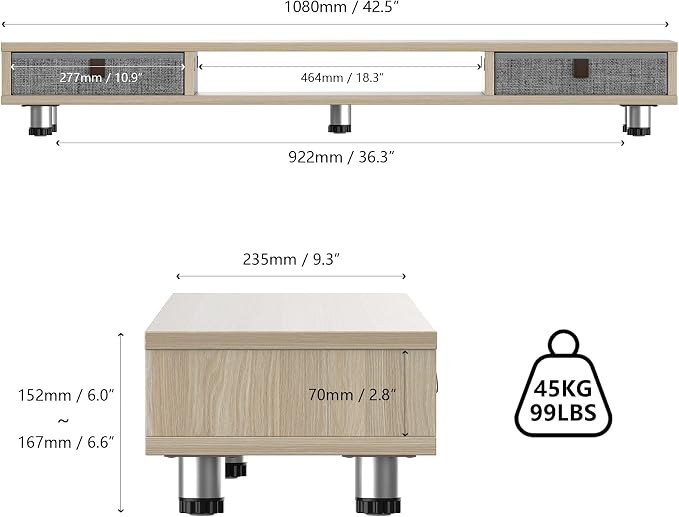 Fenge Dual Monitor Stand, 2-Tier Desk Organizer with Drawers, 42.5in, Oak | Storage Fabric Drawer, Ergonomic Height Adjustable, Desk Shelf for Top of Desk, Laptop, PC, TV, Home Office Organization - Image 3
