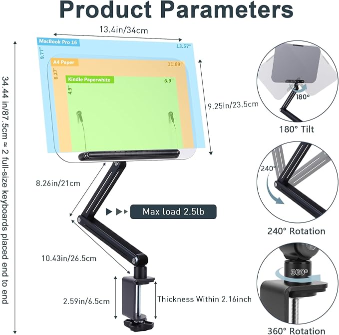 ASIEIT Desk Clamp Book Stand, Aluminum Book Holder Adjustable Height & Angle, Cookbook Stand for Kitchen, Recipe Book Holder with 360° Swivel Base, Book Stand for Reading, Office, Laptop - Image 2