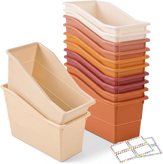 Blosssound 12 Set Book Bins for Classroom with Label Sticker Book Box Baskets Plastic Stackable Organizing Bins Storage & Organization for Classroom Library Home School Supplies (Earth Tones) by Blosssound