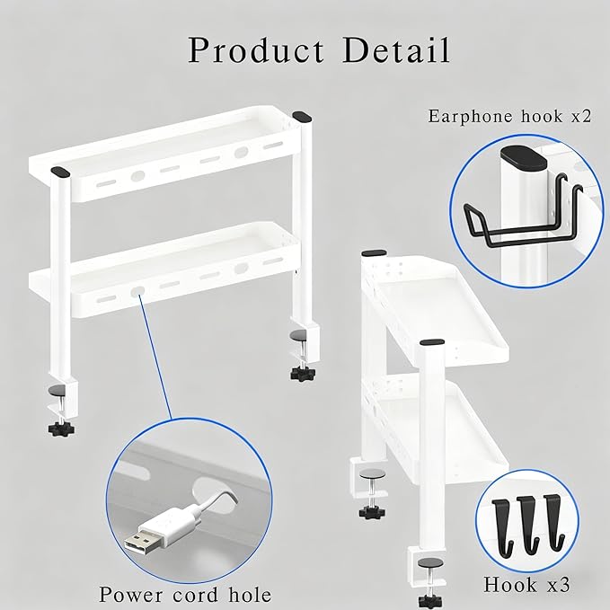 Clamp on Desk Shelf White, 2-Tier Office Desk Shelves Organizer, 17in Small Shelf for Top of Desk with Headphone Holder, Hooks, Desktop Storage Rack for Home Workspace, Study Rooms, Gaming Accessories - Image 4
