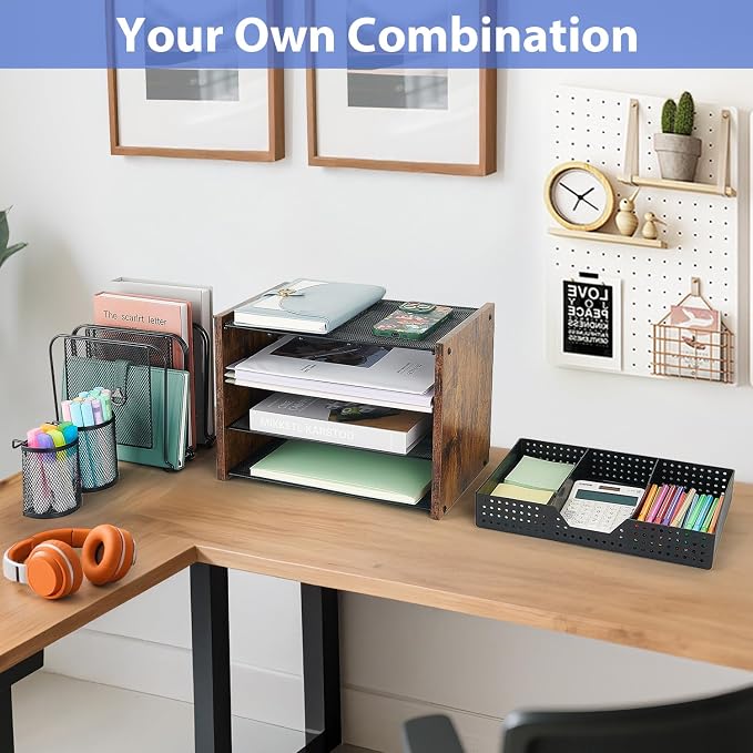 AUPSEN Desk Organizer with 5 Vertical File Holders, Storage Drawer & 2 Pen Holders, 5 Trays Paper Letter Tray Organizer, Mesh Desk Organizers and Accessories for Home Office (Vintage wood) - Image 5