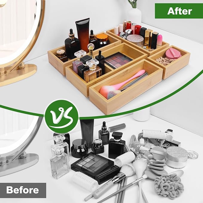 MapleGrace Bamboo Drawer Organizer Set, Individual Wood Storage Organizers | 5 PCS Multi-Use Junk Drawer Divider, Storage Trays Containers for Kitchen, Bathroom, Office Desk, Makeup, Jewelry, Utensils - Image 4
