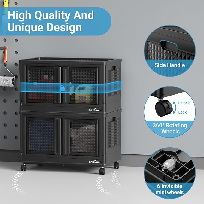 BROVIEW 500Qt Stackable Storage Bins with Lids, 125Gal Closet Organizers and Storage Drawer, Plastic Collapsible Storage Bins with Doors, Heavy Duty Store Box Cabinet for Home Kitchen, 5Pack Black - Image 3