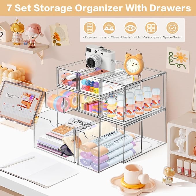 Desk Organizer with 7 Drawers, FODIENS 7 Packs Acrylic Stackable Desktop Storage Drawers Makeup Organizer, Clear Craft Storage Box Cabinets for Office Vanity Countertop Bathroom Bedroom - Image 3