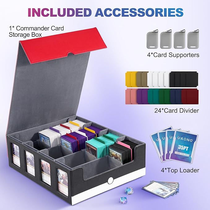 UAONO Trading Card Storage Box with Commander Display, Red White | 2400+ Deck Box for MTG with Removable Cover, Top Loaders Card Case Fits Magic TCG PTCG Sports Cards, 24 Dividers, 4 Stoppers - Image 2