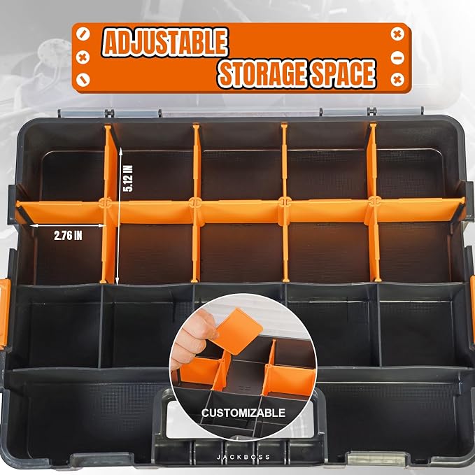 Jack Boss Tool Box with Transparent Lid, Single Side 17-Compartments Organizer Box with Removable Dividers for Hardware, Screws, Bolts, Nails, Beads, Jewelry and Fishing Accessories, Orange, 2 Pack - Image 3