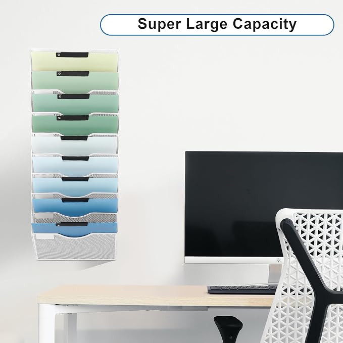 10 Pocket Mesh Hanging Wall File Organizer, Wall Mounted Mail Paper Document Folder Holder, Clipboard Storage Organization Magazine Rack with Nametag Label for Office Home School, White - Image 6