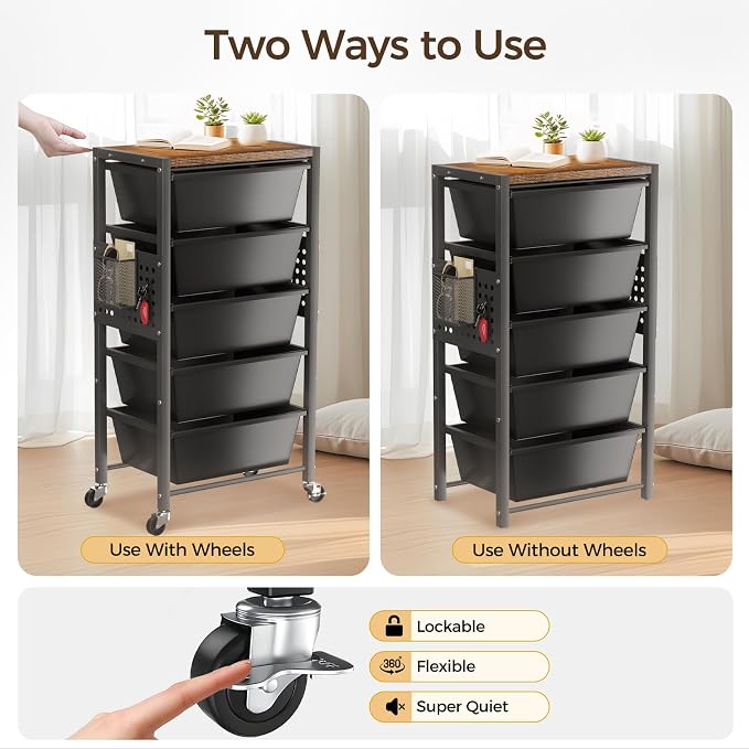 Rolling Cart with 4 Drawers, Plastic Drawer Storage Carts with Wheels & Wooden Tabletop, Metal Utility Cart with Pegboards, Office Living Room Classroom Craft Organization and Storage, Dark Black - Image 7