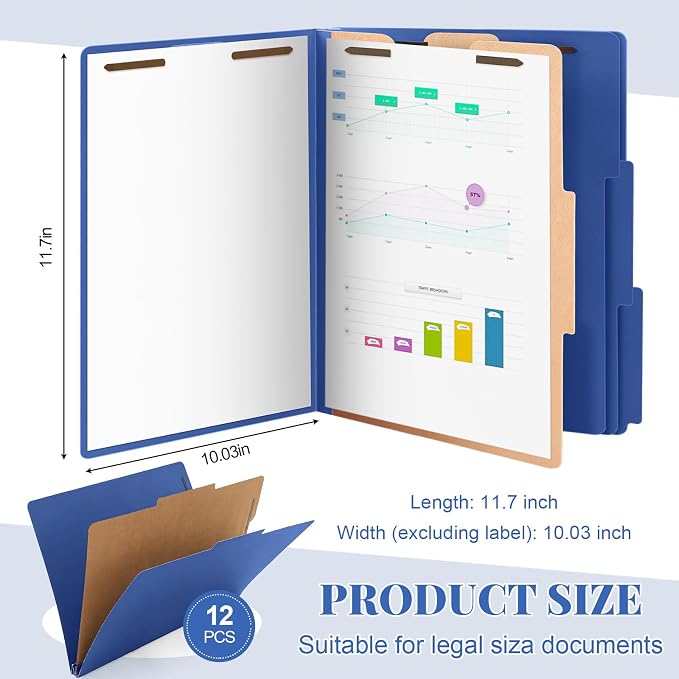 AmazingSpark 12 Pack Dark Blue Classification Folders Letter Size, 1 Divider, 1/3-cut Tab, File Folders with Fasteners, Prongs, Expanding File Organizer Bulk for Office Employee, Coworker, Staff - Image 2