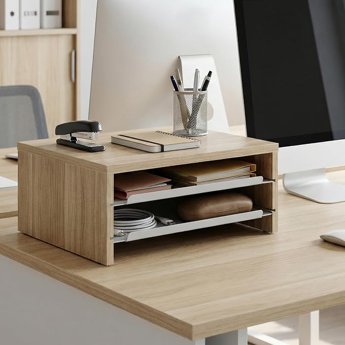Fenge 14.3-Inch Monitor Stand with Slide-Out Trays, Wood & Metal Desk Shelf | 3-Tier Space-Saving Desk Storage Organizer, Fits Computer, Laptop, Printer and Telephone - Image 6