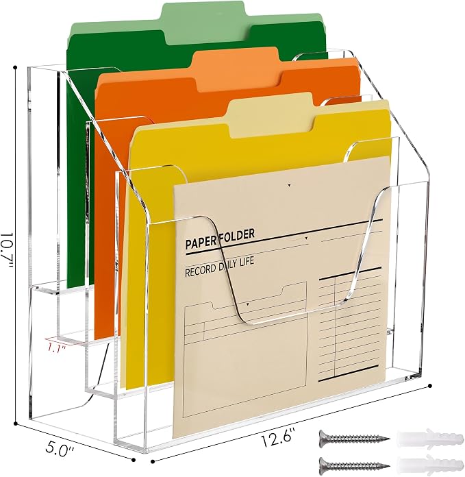 DINGHUO Acrylic Desk File Mail Organizer Wall Mounted, 4-Tier Hanging File Folder Holder, Clear Office Magazine Rack (Adhesive Hooks x 2) - Image 3