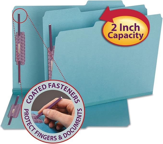 Smead Pressboard Fastener File Folder with SafeSHIELD Fasteners, 2 Fasteners, 1/3-Cut Tab, 2" Expansion, Letter Size, Blue, 25 per Box (14937) by SMEAD