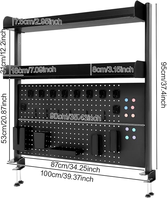 Clamp-On Pegboard Desk Organizer, 2-Tier Clamp On Desk Shelf with Hooks, Office Accessory Organizer for Books, Office Supplies & DIY Storage, 16.5lbs Capacity, 39.37" x 37.4", Black - Image 3