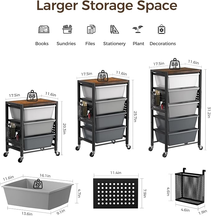 Rolling Cart with 5 Drawers, Plastic Drawer Storage Carts with Wheels & Wooden Tabletop, Metal Utility Cart with Pegboards, Office Living Room Classroom Craft Organization and Storage, Dark Grey - Image 3