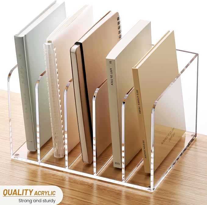 YUXUN Acrylic Magazine Holder,Clear Desk Organizer Vertical File Sorter Holder Stand for Notebook,Paper,Envelope,Magazine, Book Storage-Office/Home/Classroom Organization (5 Compartments,B5) - Image 5