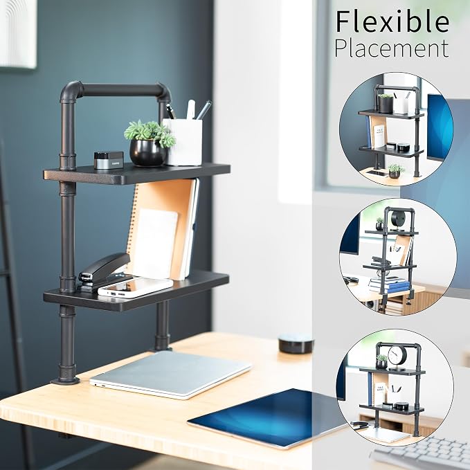 VIVO Clamp-on Premium 16 inch Industrial Pipe 2-Tier Tabletop Shelving, Heavy Duty Desk Extension Organizer, Modern Desktop Display Shelf, Black Shelves, DESK-SHELF16-2B - Image 4