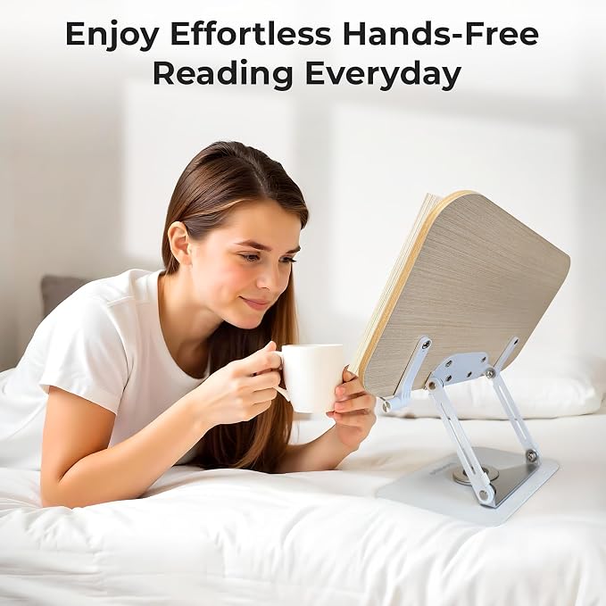Book Stand for Reading - Adjustable Book Holder with 360° Rotating Base, Ergonomic Design for Extended Reading, Foldable and Portable, Necessity for Textbook, Bible, Cookbook, Music Scores, Tablet - Image 6