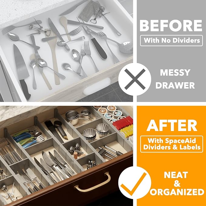 SpaceAid Bamboo Drawer Dividers with Inserts and Labels, Kitchen Adjustable Drawer Organizers, Expandable Organization for Home, Office, Dressers, 10 Dividers with 24 Inserts (17"-22" Gray) - Image 2