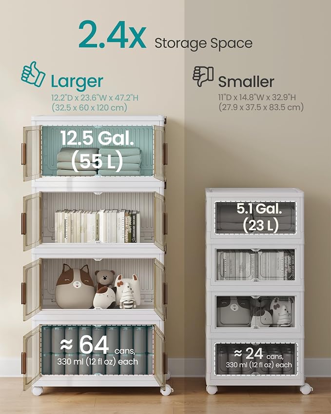 SONGMICS 58QT Plastic Storage Bins with 1 Lid, 4-Tier Stackable Bins with Doors and Wheels, Foldable Storage Boxes, for Closets, Bedroom, Living Room, Office, White URLB460WZ01 - Image 3