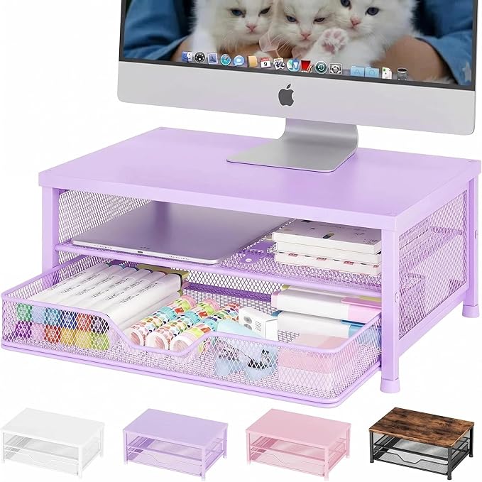 Computer Monitor Stand Riser, Desk Organizer with Drawer, Printer & Laptop Stand, Office Desk Accessories & Workspace Desktop Organizers Storage for Office Supplies(Purple) by OPNICE