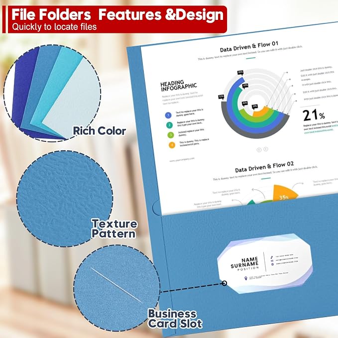 100 Pack 2 Pocket Folders, Letter Size 8.5" x 11" Folders with Business Card Slot, Durable Paper Bulk File Folders for Office, School, Presentation Home and Business Use, Blue Assorted - Image 2