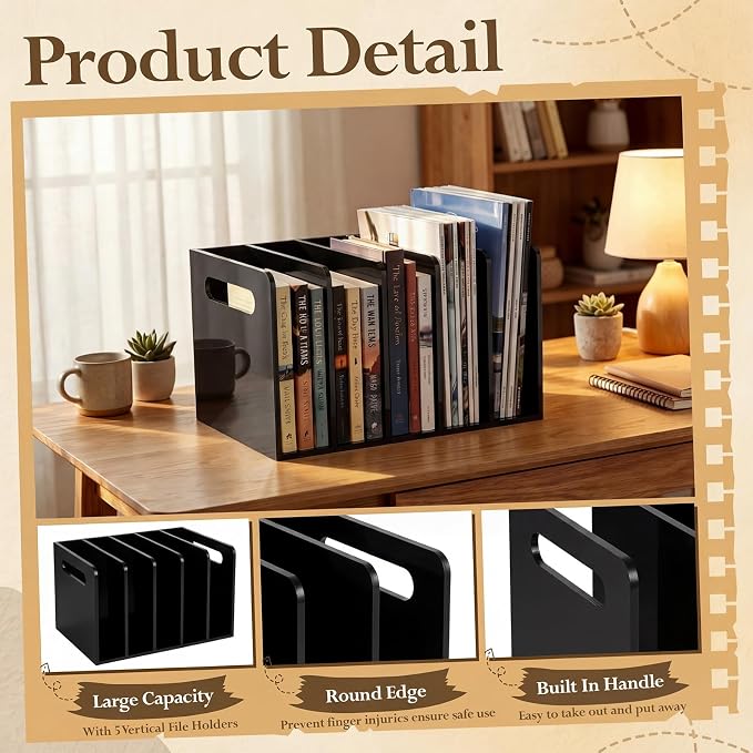 Didaey 1 Pack Acrylic Magazine File Holder, 5 Vertical Compartments Desk Sorter Organizer Magazines Documents Books Accessories Black Folder Rack Binder for Office Home(B5, 5 Sections, Black) - Image 3