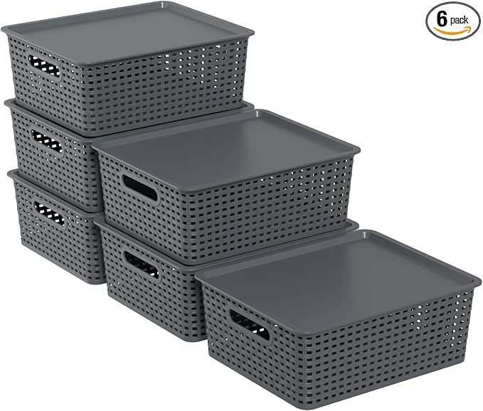 Zopnny Stackable Baskets with Lids, 6-Pack Storage Containers Bin | Plastic Shelf Organizer Bins, Baskets for Organizing Shelves Drawers Desktop Closet Playroom Classroom, Nested Stack, Grey by Zopnny