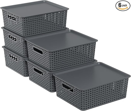 Zopnny Stackable Baskets with Lids, 6-Pack Storage Containers Bin | Plastic Shelf Organizer Bins, Baskets for Organizing Shelves Drawers Desktop Closet Playroom Classroom, Nested Stack, Grey by Zopnny