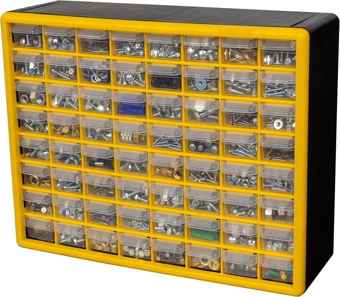 Akro-Mils 64-Drawer Plastic Drawer Storage Cabinet for Garage Organization, Bead Organizer, Building Bricks Storage, Teacher Toolbox, Makeup Organizer, 20-Inch W x 6-Inch D x 16-Inch H, 10164 Yellow - Image 10