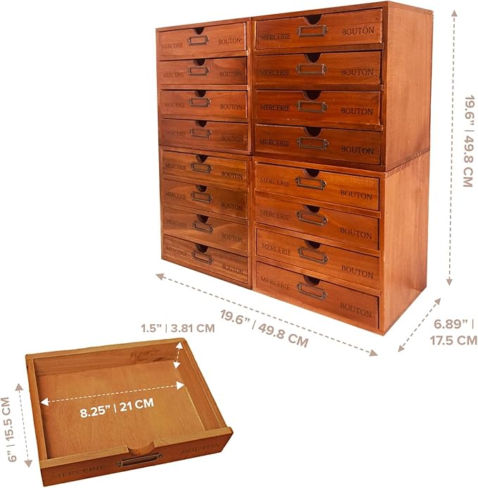 Stackable Apothecary Cabinet, 16 Drawer Wooden Storage I Vintage Card Catalog Style Organizer for Coins, Trading Cards, Crafts & DMC Floss I Multi Drawer Modular Wood Desk Cabinet w/Label Holders - Image 4