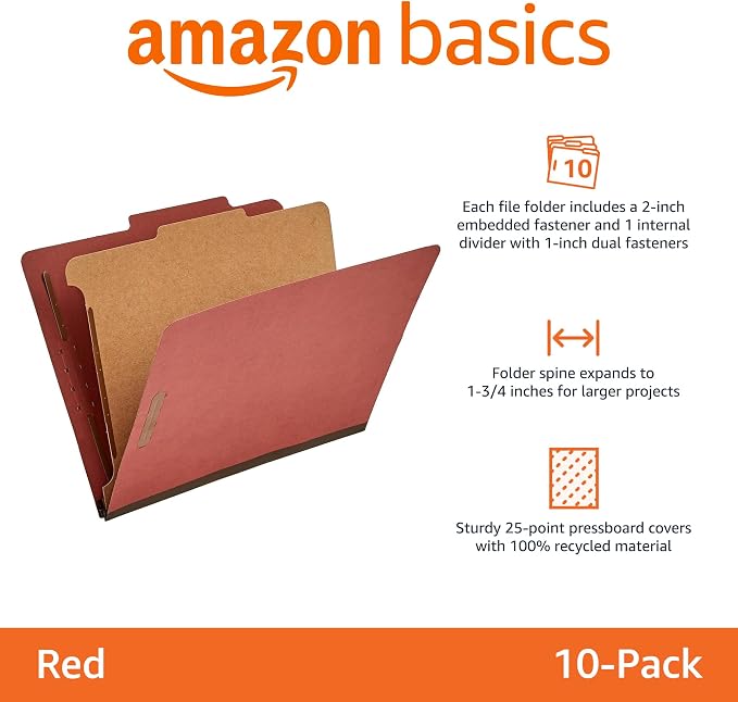 Amazon Basics Classification File Folder, 1 Divider, 2" Embedded Fasteners, Letter Size, 100% Recycled Material, Red, 10 Count (Pack of 2) - Image 2