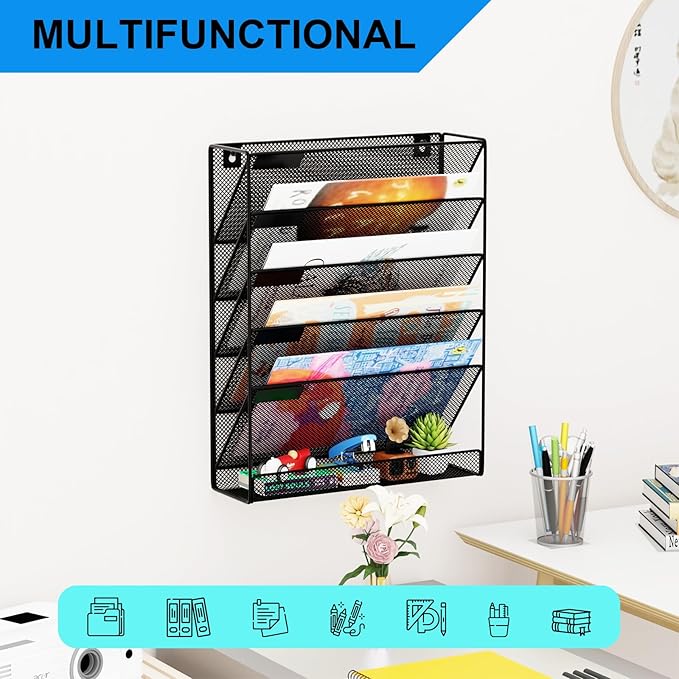 Wall File Organizer Holder Mesh Hanging Paper Document Holder,Vertical 6 Pocket Tier for Office Home, Black - Image 6